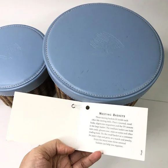 RARE Vintage 2002 Set of 3 LEVENGER Woven Nesting Baskets Stackable Leather Lids - Picture 3 of 8